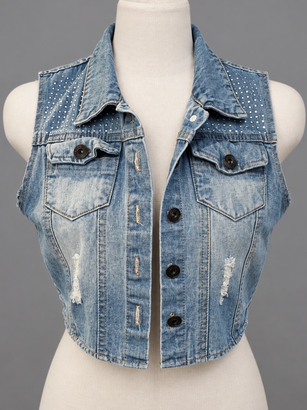 Light Blue Destroyed Cropped Jean Vest Top